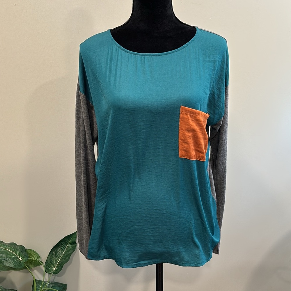 Anthropologie Dolan Left Coast Connection Teal Gray & Gold Color Block Top